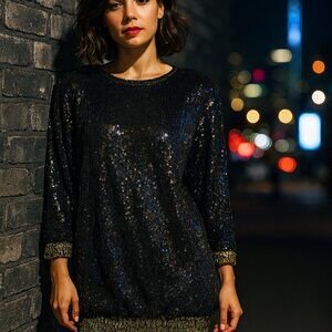 Lillie Rubin 80s Black Gold Sequin Bubble Dress Vintage Party Glam M/L Disco